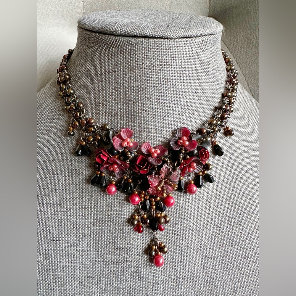 Colleen Toland Vintage  Floral Statement Necklace in Red and Black